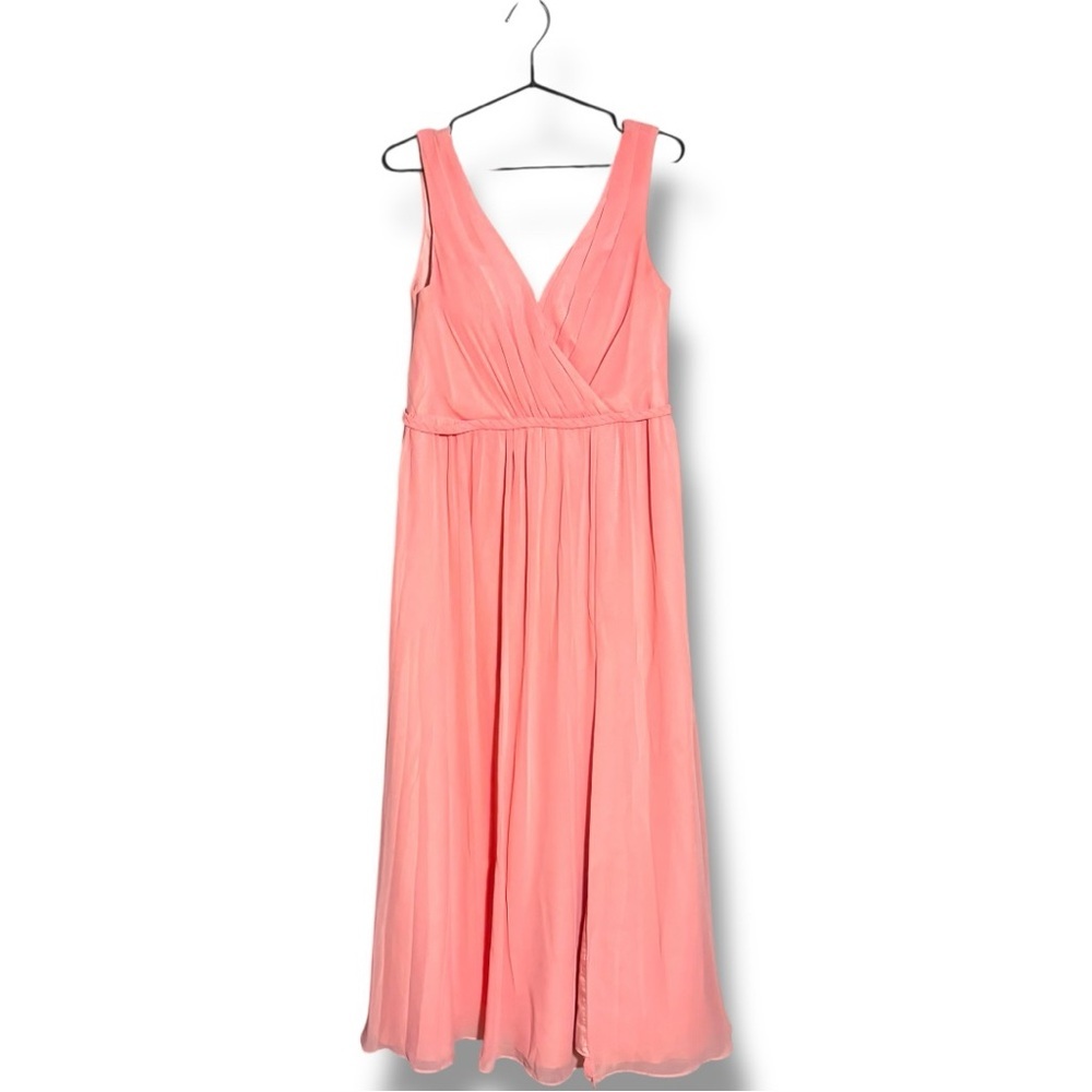 Azazie Coral Pink V-neck and Back High Slit Braided Waist Sleeveless Maxi Dress - Picture 15 of 16